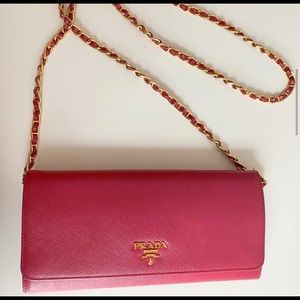 Prada Pink Saffiano Leather Wallet on A Chain